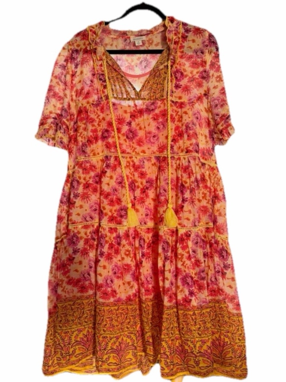 Sundance Floral Dress Sz M midi Lagenlook Tiered Tassel Tie Cotton Boho Loose